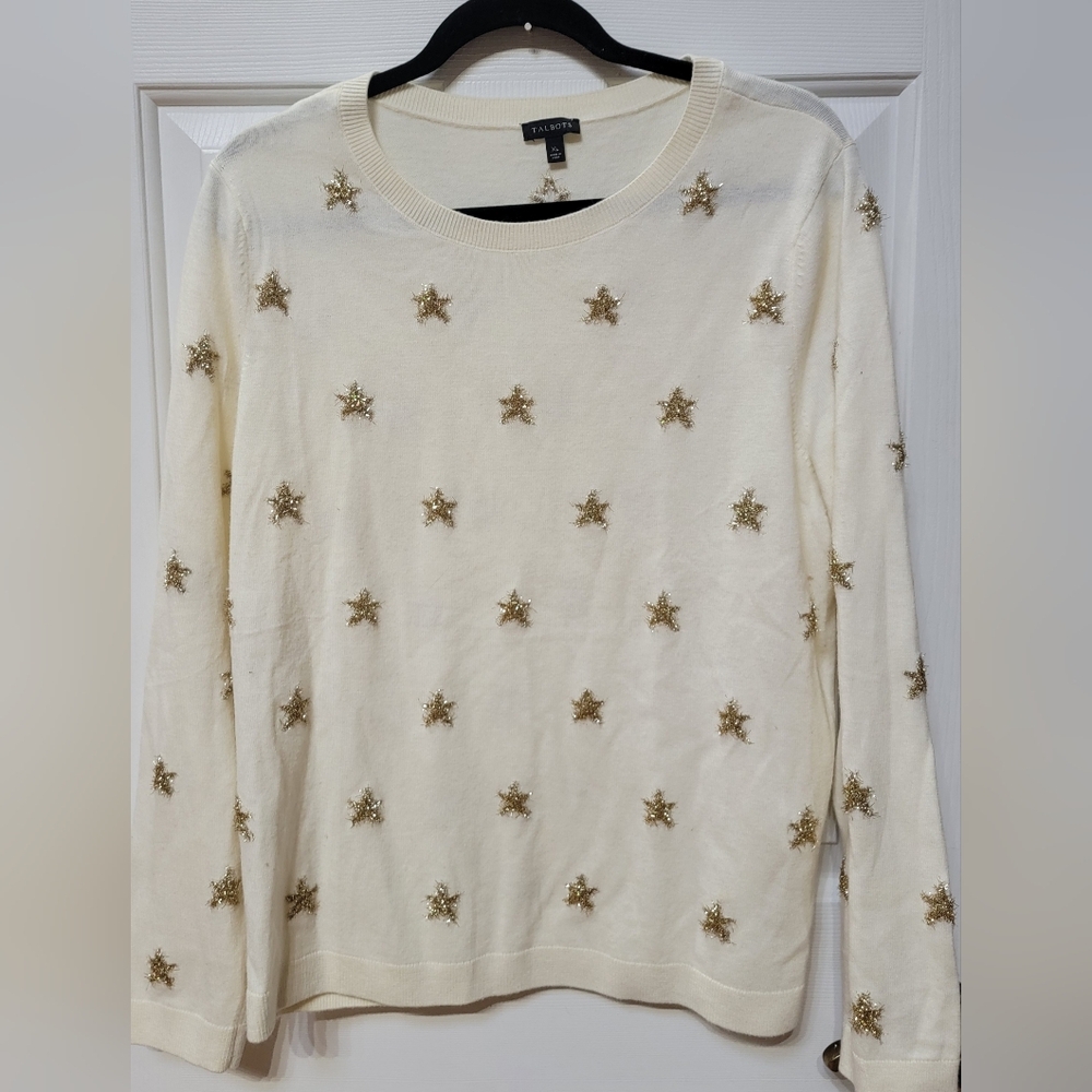 Talbots Ivory Pullover Sweater with Gold Tinsel Star Accents Size Xl
